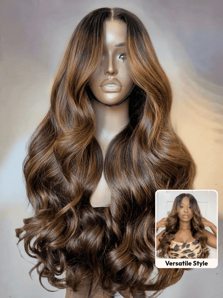 UNice 7x5 Bye Bye Slip™ Wig Glueless Lace Balayage Highlight Body Wave Curtain Bangs Wig with Invisible Drawstring