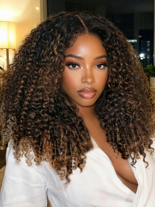 7x5 Bye Bye Slip™Glueless Lace Black to Chestnut Brown Ombre Burmese Curly With Finger Coil Ends Wig-Put On & Go With Invisi Drawstring