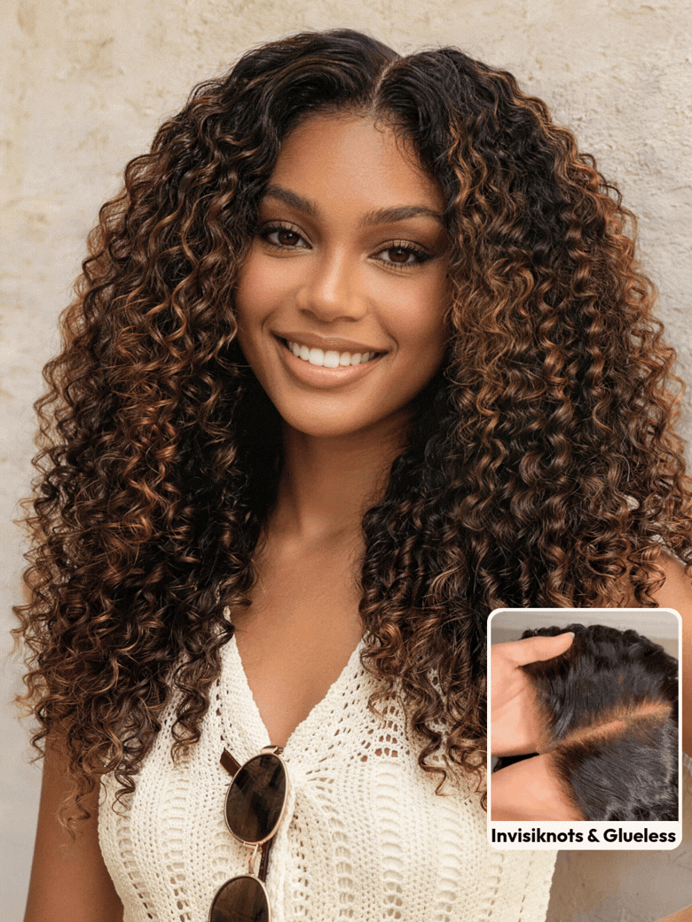 7x5 Bye Bye Slip™Glueless Lace Black to Chestnut Brown Ombre Burmese Curly With Finger Coil Ends Wig-Put On & Go With Invisi Drawstring