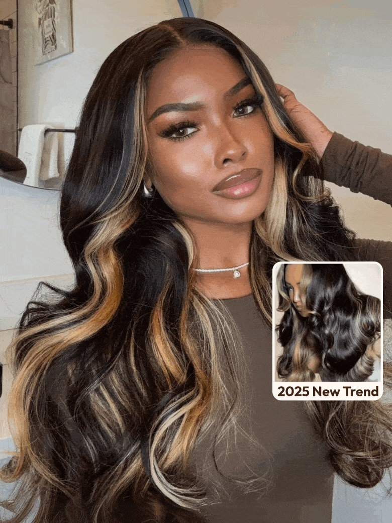 [24"= $99 | 7x5 Lace | 180% Density] 7x5 Bye-Bye Knots Loose Wave Butterscotch Highlights Brown with Free Face Framing Bangs Wig