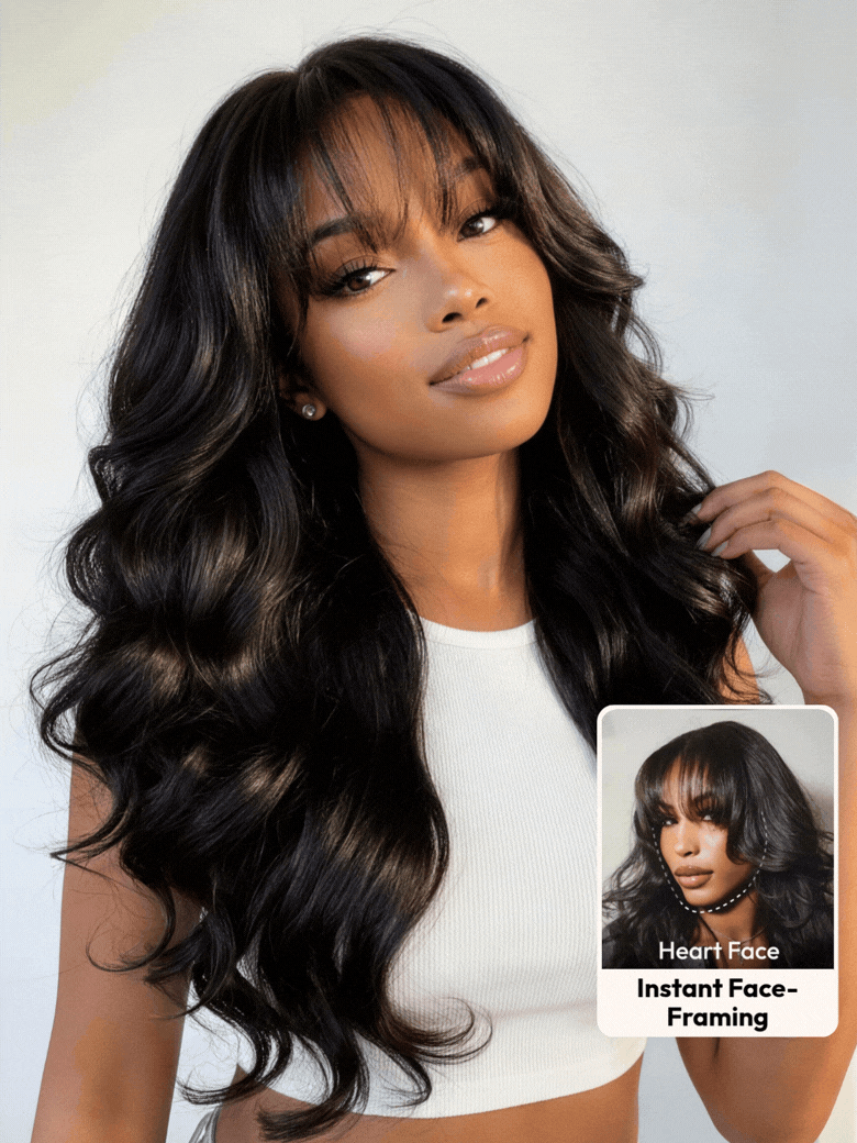 7x5 Bye-Bye Knots™ & 13x4 Pre-Everything™ Pull & Go Black Fluffy Loose Wave Wispy Bangs Glueless Wig