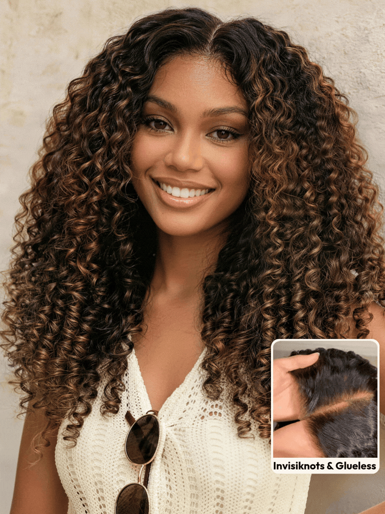 7x5 Bye Bye Slip™Glueless Lace Black to Chestnut Brown Ombre Burmese Curly With Finger Coil Ends Wig-Put On & Go With Invisi Drawstring