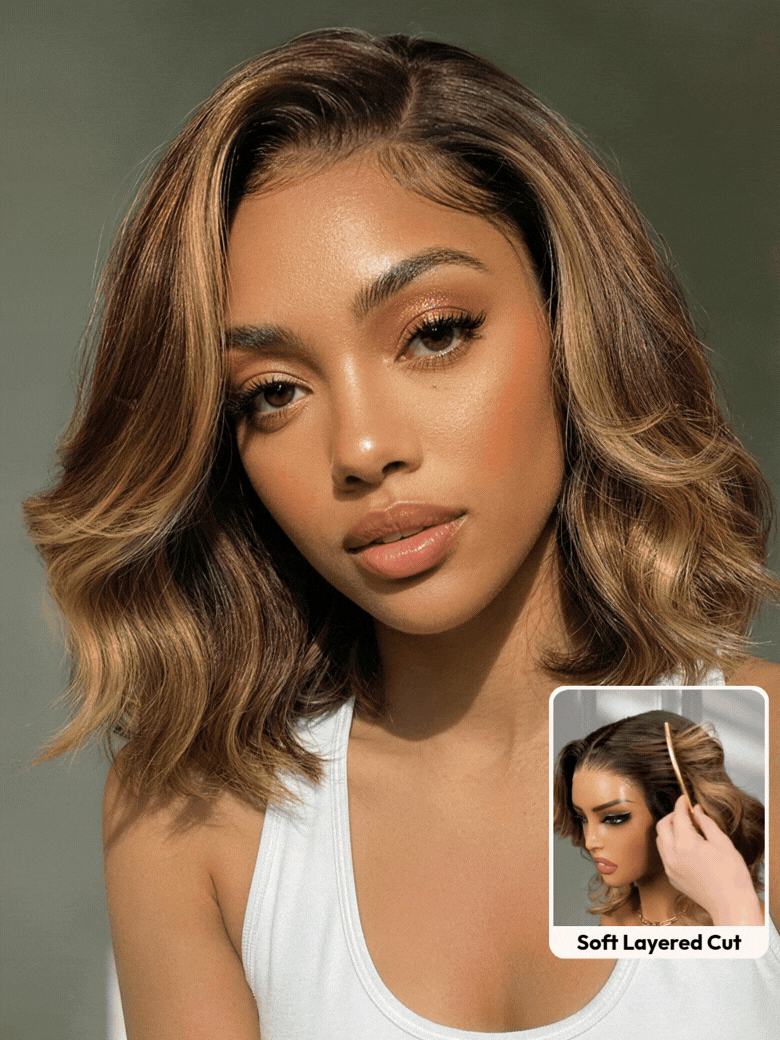 UNice 13x4 Pre-Everything™ Lace Frontal Brown With Honey Blonde Face-Framing Highlights Wavy Bob Drawstring Wig