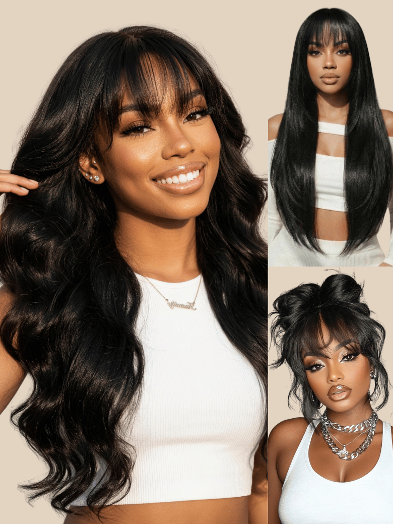 UNice 7x5 Bye-Bye Knots™ & 13x4 Pre-Everything™ Lace Frontal Pull And Go Black Fluffy Natural Loose Wave Curtain Bangs Wig with Free Ear Tape