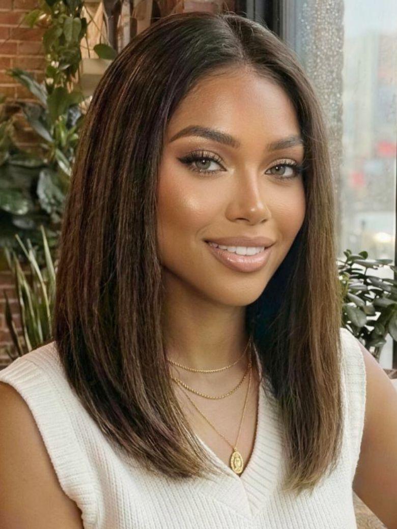 UNice Bye-Bye Knots 7x5 Lace Brown With Blonde Piano Highlights Blunt Bob Wig with Dark Roots