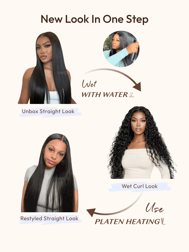 UNice 13x4 Bye Bye Slip™ Wet and Wavy 2-in-1 Straight to Water Wave Human Hair Wig With Invisi Drawstring