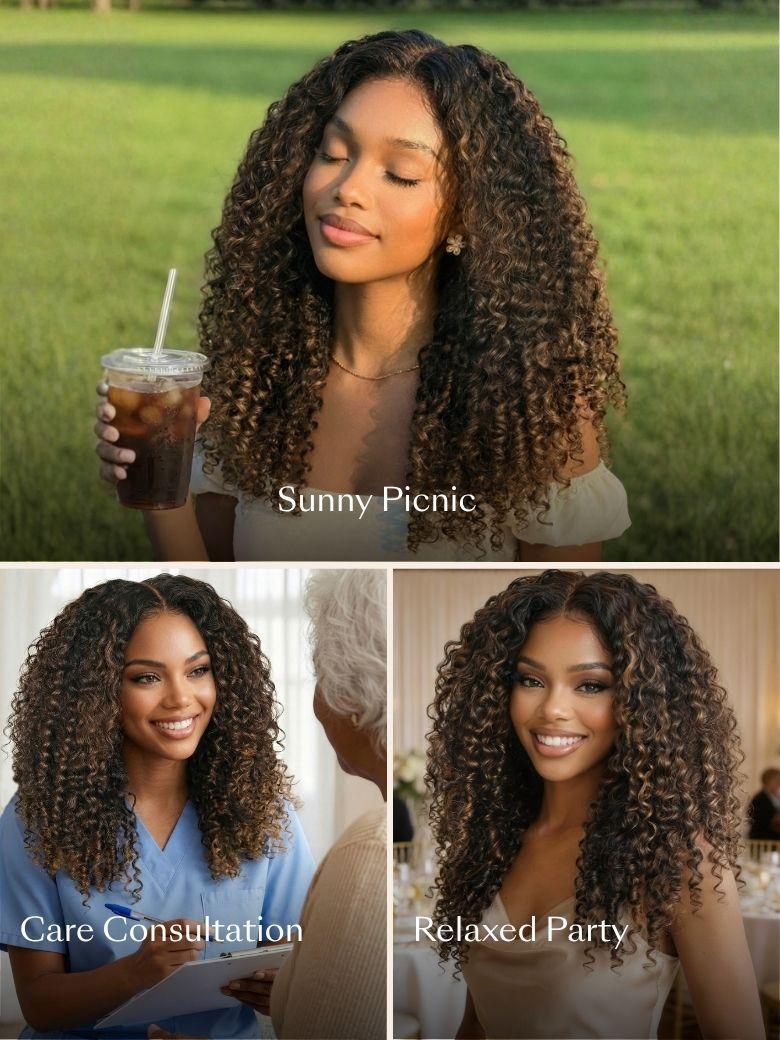 7x5 Bye Bye Slip™Glueless Lace Black to Chestnut Brown Ombre Burmese Curly With Finger Coil Ends Wig-Put On & Go With Invisi Drawstring