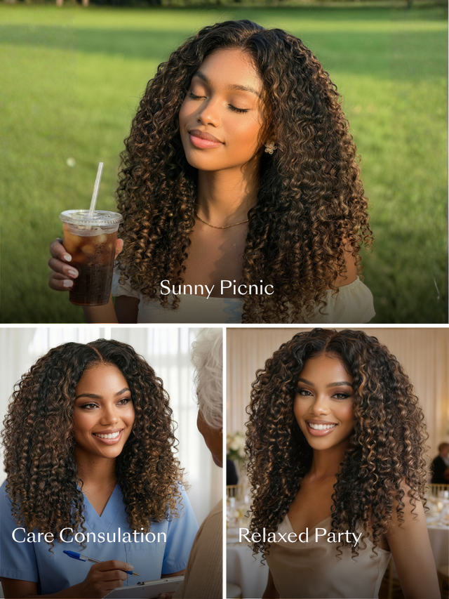 7x5 Bye Bye Slip™Glueless Lace Black to Chestnut Brown Ombre Burmese Curly With Finger Coil Ends Wig-Put On & Go With Invisi Drawstring