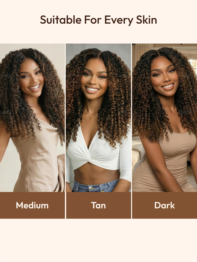 UNice Glueless 7x5 Burmese Curly Wig with Finger Coily Ends 100% Human Hair Black to Chestnut Brown Ombre Bye-Bye Knots™ 7x5 Lace Drawstring Wig