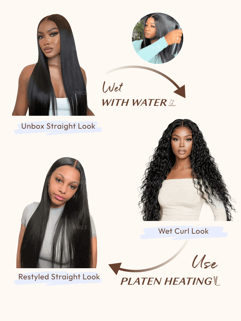 UNice 13x4 Bye Bye Slip™ Wet and Wavy 2-in-1 Straight to Water Wave Human Hair Wig With Invisi Drawstring