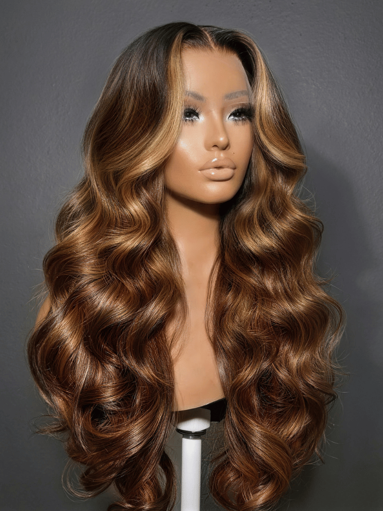 UNice 360 HD Lace Pre-plucked Luxury Raw Virgin Hair Caramel Brown With Money Piece Highlights Body Wave Wig