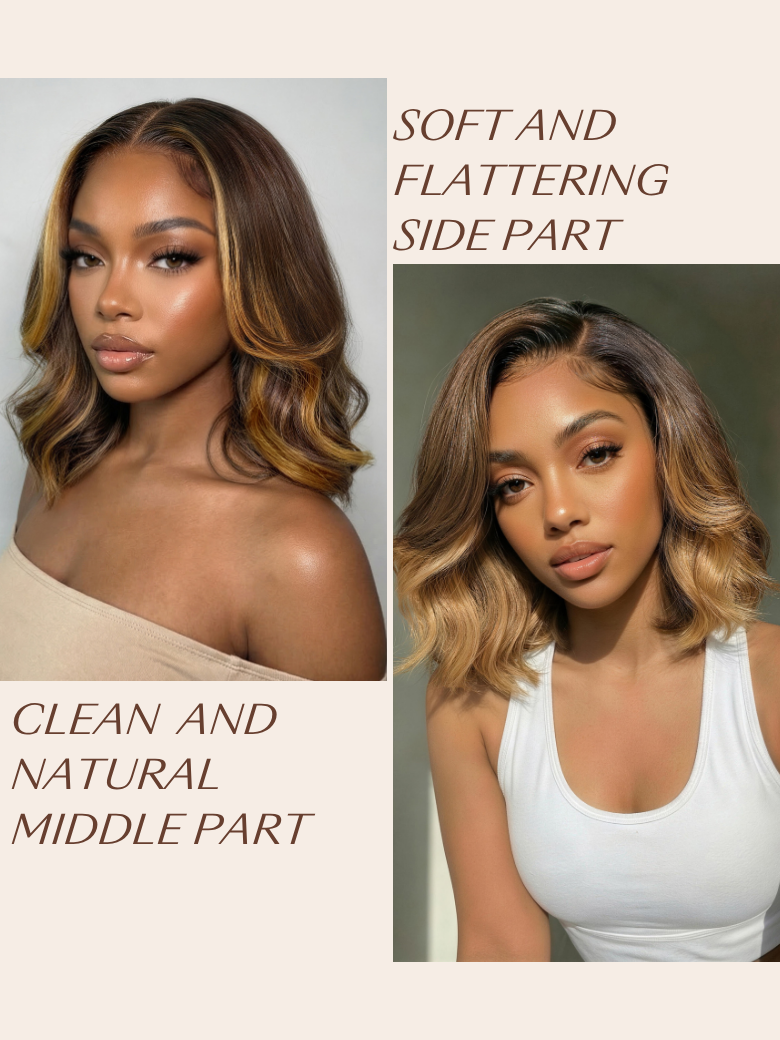 UNice 13x4 Pre-Everything™ Lace Frontal Brown With Honey Blonde Face-Framing Highlights Wavy Bob Drawstring Wig