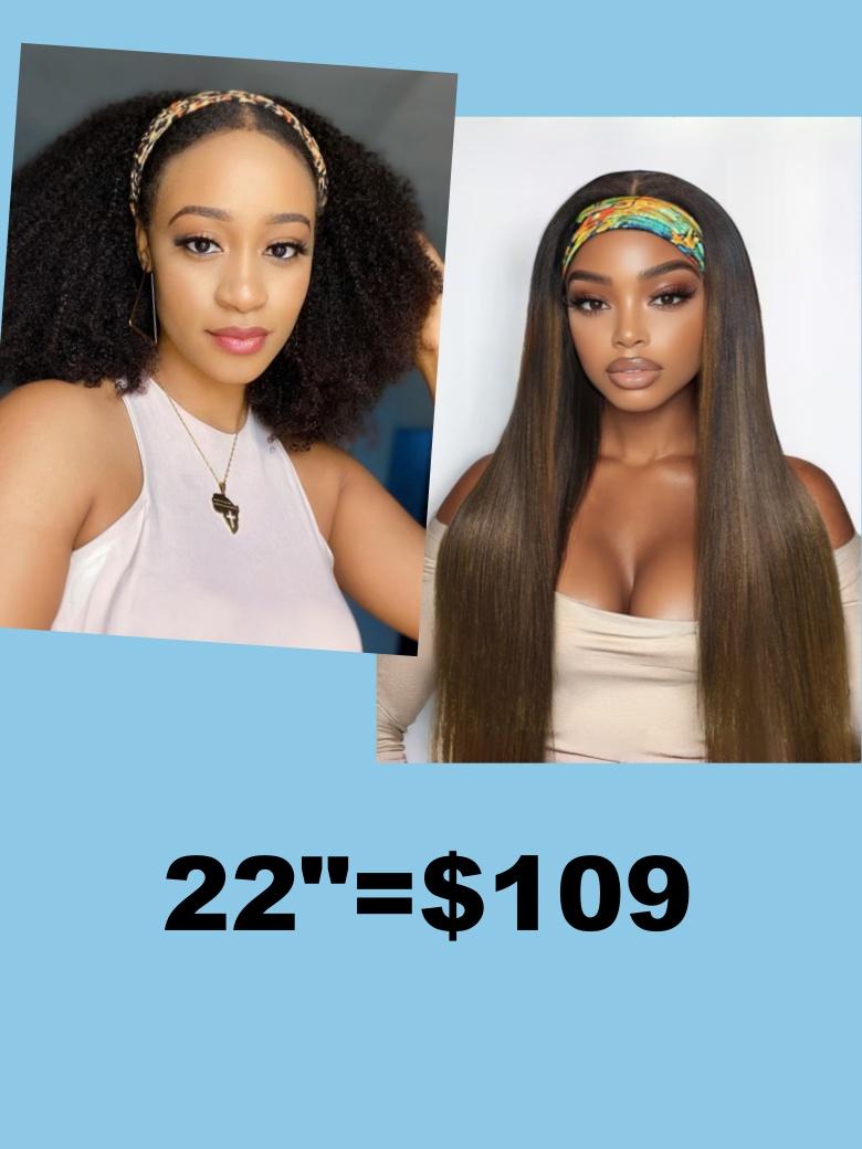 22"-24" Low Maintenance Put On& Go Chestnut Brown Ombre Yaki Straight Headband& Afro Kinky Curly Half Human Hair Glueless Wig