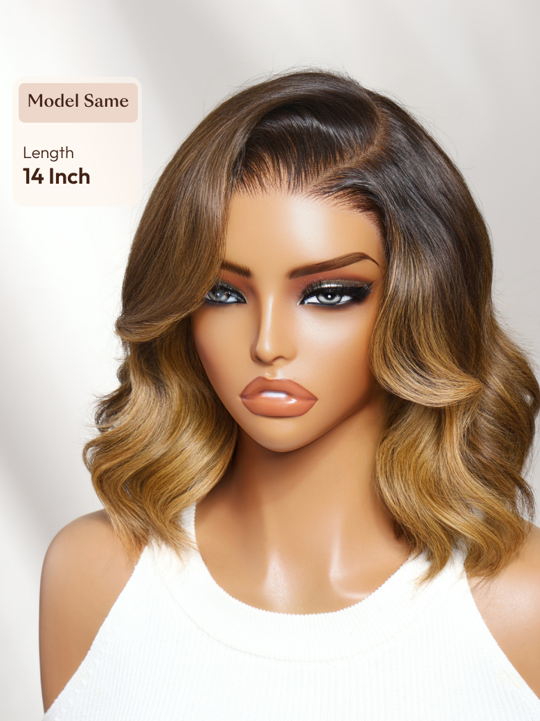 UNice 13x4 Pre-Everything™ Lace Frontal Brown With Honey Blonde Face-Framing Highlights Wavy Bob Drawstring Wig