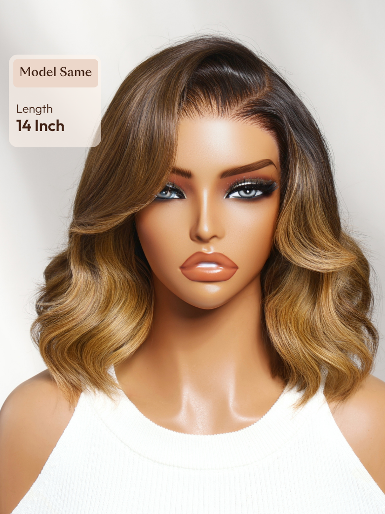 UNice 13x4 Pre-Everything™ Lace Frontal Brown With Honey Blonde Face-Framing Highlights Wavy Bob Drawstring Wig