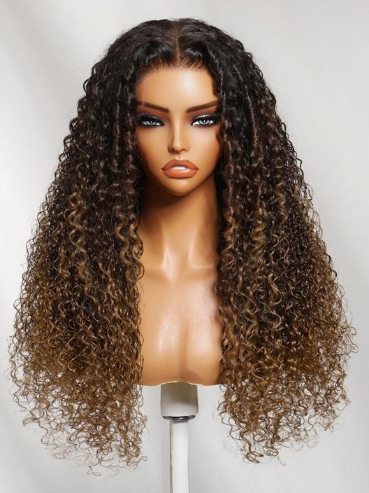 UNice 7x5 Bye Bye Knots & 13x4 Pre-Everything™ Lace Frontal Natural Black & Golden Brown Highlights Water Wave Curly Drawstring No Baby Hair