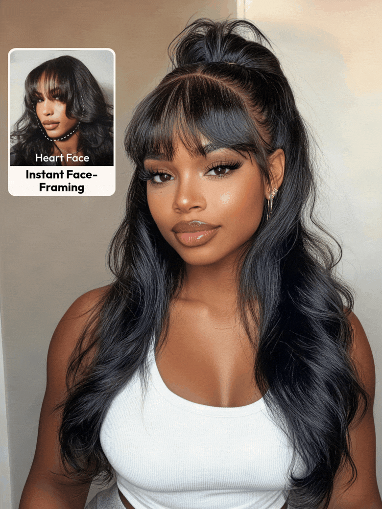 UNice 7x5 Bye-Bye Knots™ & 13x4 Pre-Everything™ Lace Frontal Pull And Go Black Fluffy Natural Loose Wave Curtain Bangs Wig with Free Ear Tape