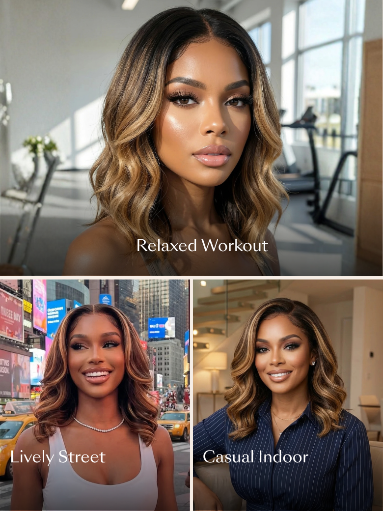 UNice 13x4 Pre-Everything™ Lace Frontal Brown With Honey Blonde Face-Framing Highlights Wavy Bob Drawstring Wig