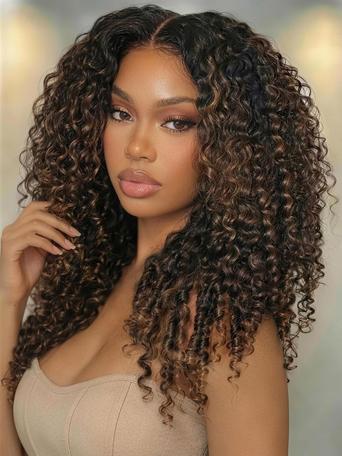 EasiContour™ V Part Black to Chestnut Brown Jerry Curly Drawstring Wig & 7x5 Bye Bye Slip™ Glueless Lace Burmese Curly With Finger Coil Ends Wig