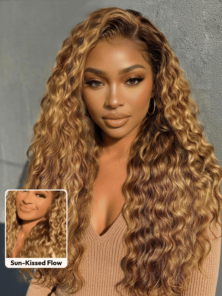 13x4 Bye Bye Slip™ Lace Frontal Bronde Color With Honey Blonde Highlights Water Wave Glueless Drawstring Wig