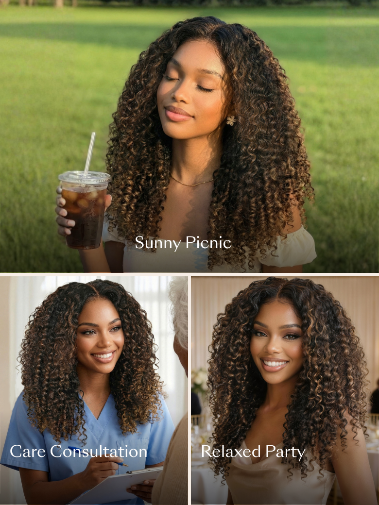 7x5 Bye Bye Slip™Glueless Lace Black to Chestnut Brown Ombre Burmese Curly With Finger Coil Ends Wig-Put On & Go With Invisi Drawstring