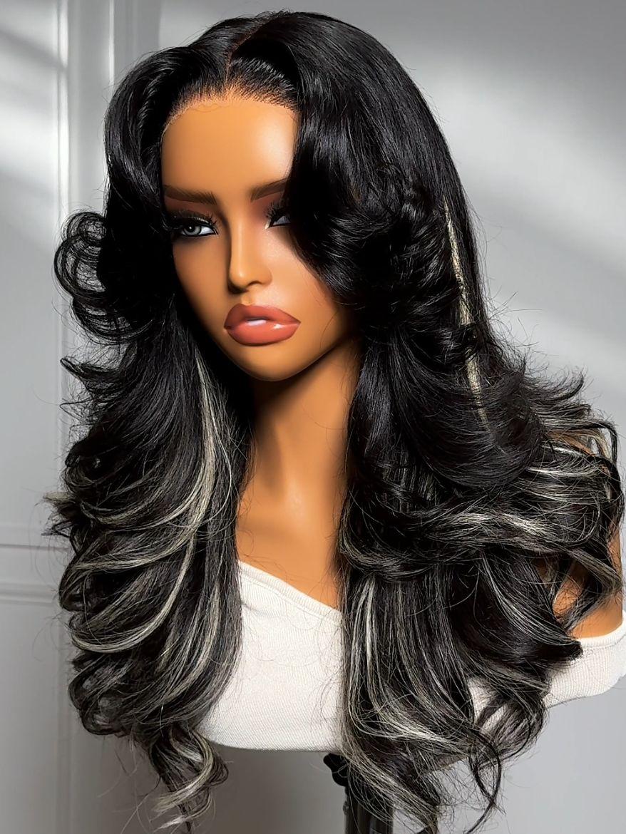 [200% Density | 7x5 Bye-Bye Slip] 7x5 Lace Black & Ash Highlights on Black Hair Feathered Hairstyles 200% Density Wig with Side Bangs