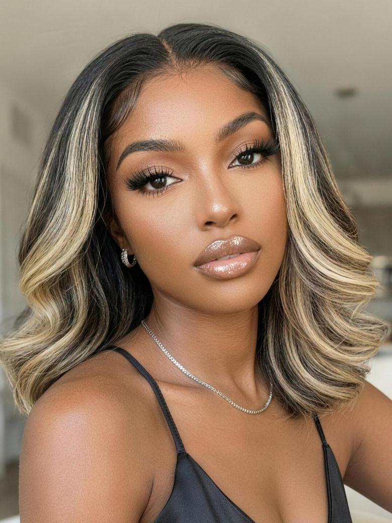 UNice 7x5 Bye Bye Slip™ Lace Dark Brunette with Ash Blonde Highlight Layered Wavy Bob Wig with Invisi Drawstring