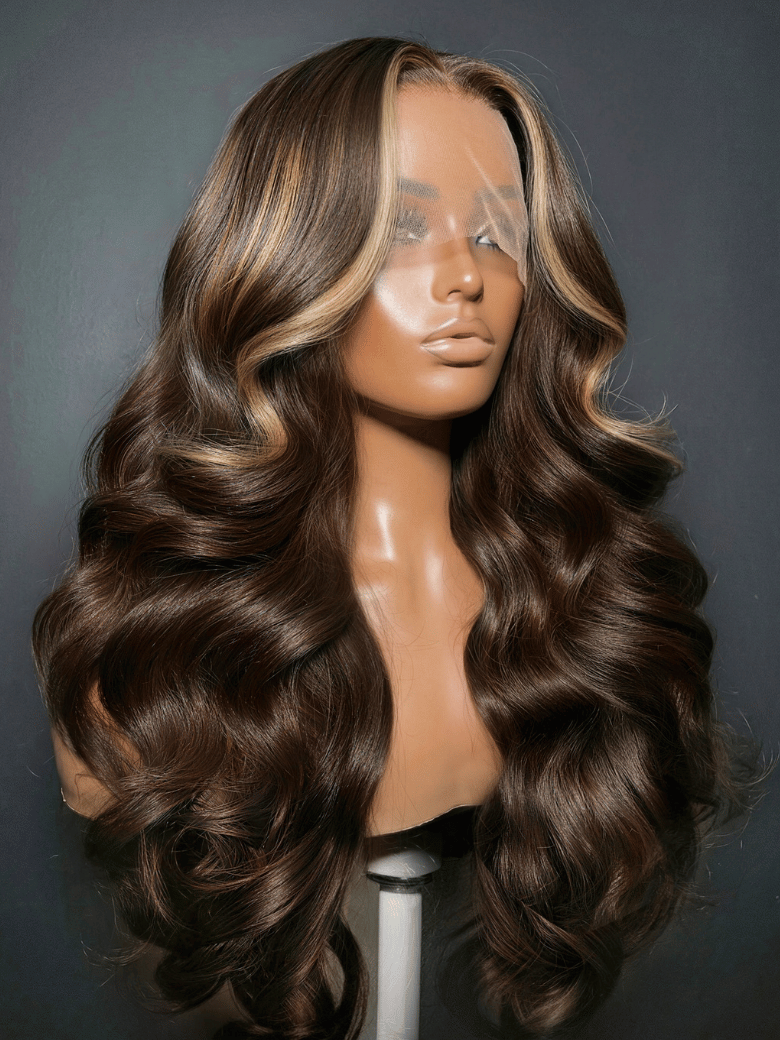 UNice 360 HD Lace Pre-plucked Luxury Raw Virgin Hair Chocolate Brown Balayage Body Wave Wig with Money Piece Highlights