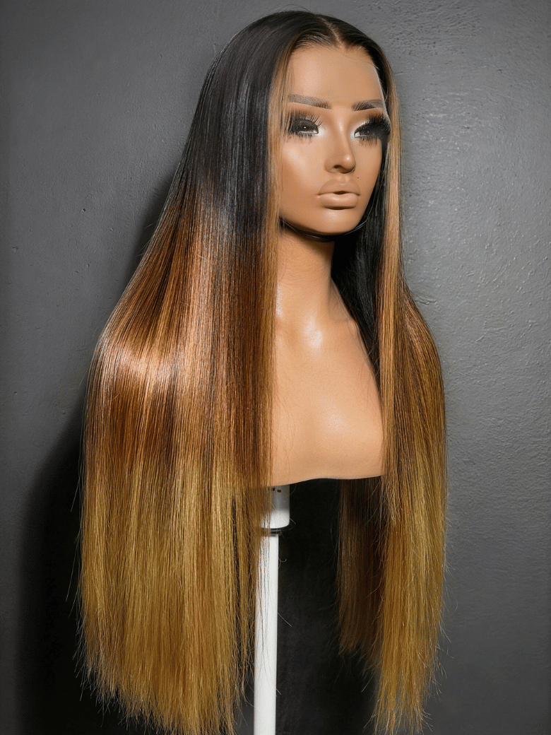 UNice 360 HD Lace Pre-plucked Luxury Raw Virgin Hair Brown to Honey Blonde Ombre Silky Straight Wig with Dark Roots