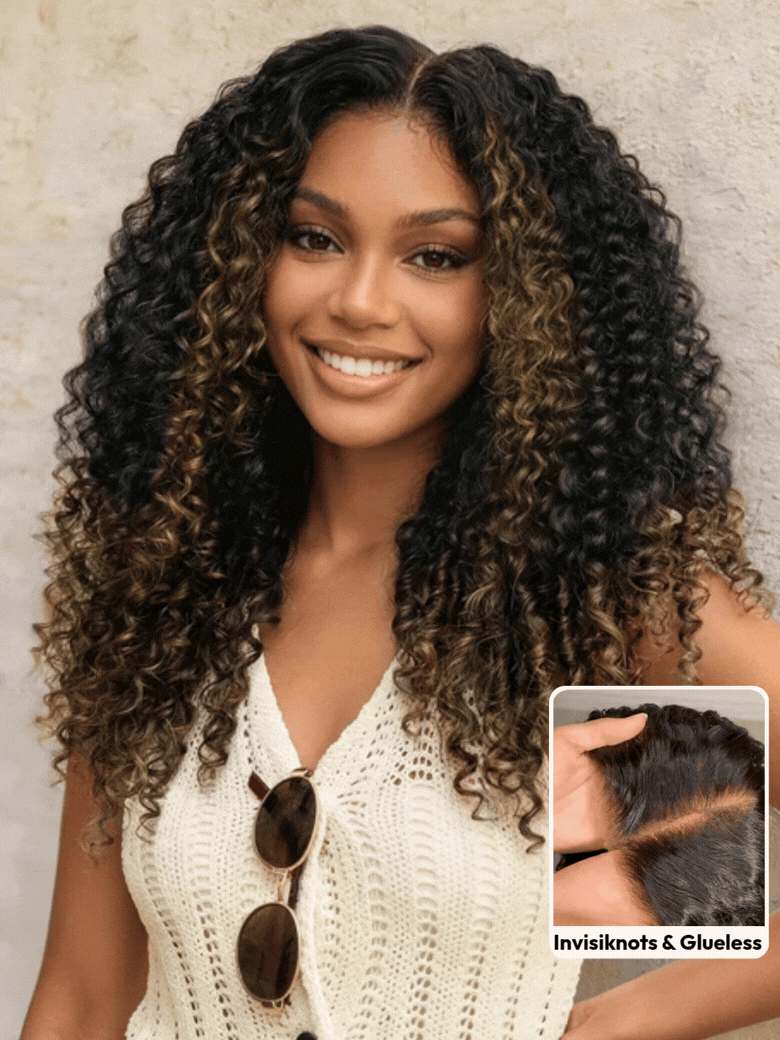 7x5 Bye Bye Slip™ Glueless Lace Black to Chestnut Brown Ombre Burmese Curly With Finger Coil Ends Wig-Put On & Go With Invisi Drawstring
