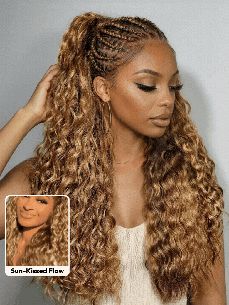 UNice 13x4 Bye Bye Slip™ Lace Frontal Caramel Brown With Honey Blonde Highlights Water Wave Glueless Drawstring Wig