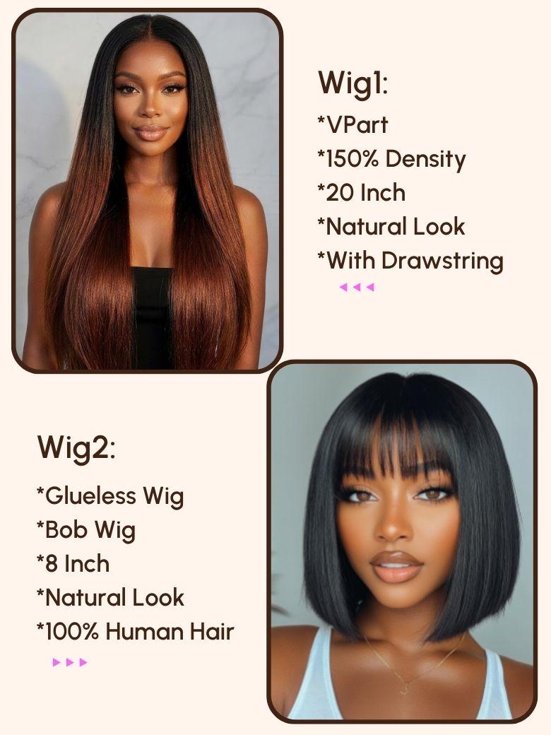 $99=2 Wigs | 16" Lace Part Kinky Curly Wig and 10" Bob Wig with Bang