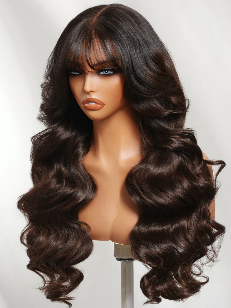 UNice 7x5 Bye-Bye Knots™ & 13x4 Pre-Everything™ Lace Frontal Pull And Go Black Fluffy Natural Loose Wave Curtain Bangs Wig with Free Ear Tape