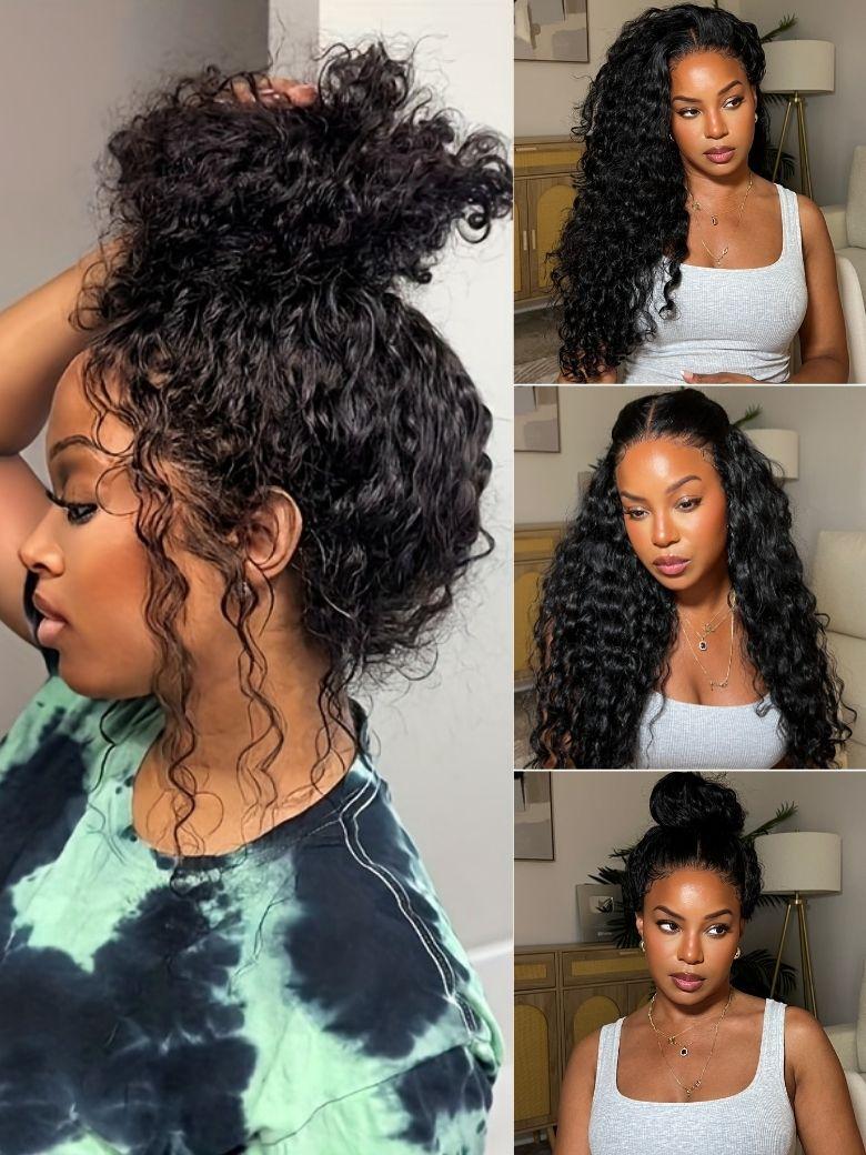 UNice 7x5 Bye Bye Knots & 13x4 Pre-Everything™ Pre Cut Lace Natural Black Water Wave Curly Drawstring No Baby Hair