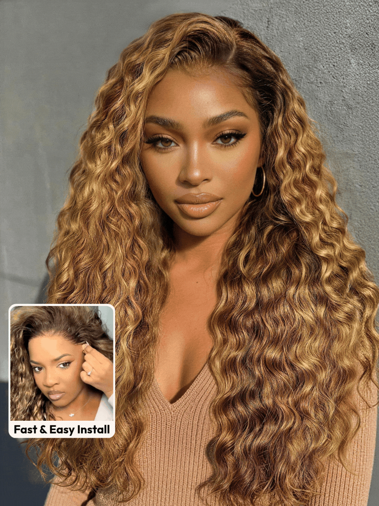 13x4 Bye Bye Slip™ Lace Frontal Bronde Color With Honey Blonde Highlights Water Wave Glueless Drawstring Wig