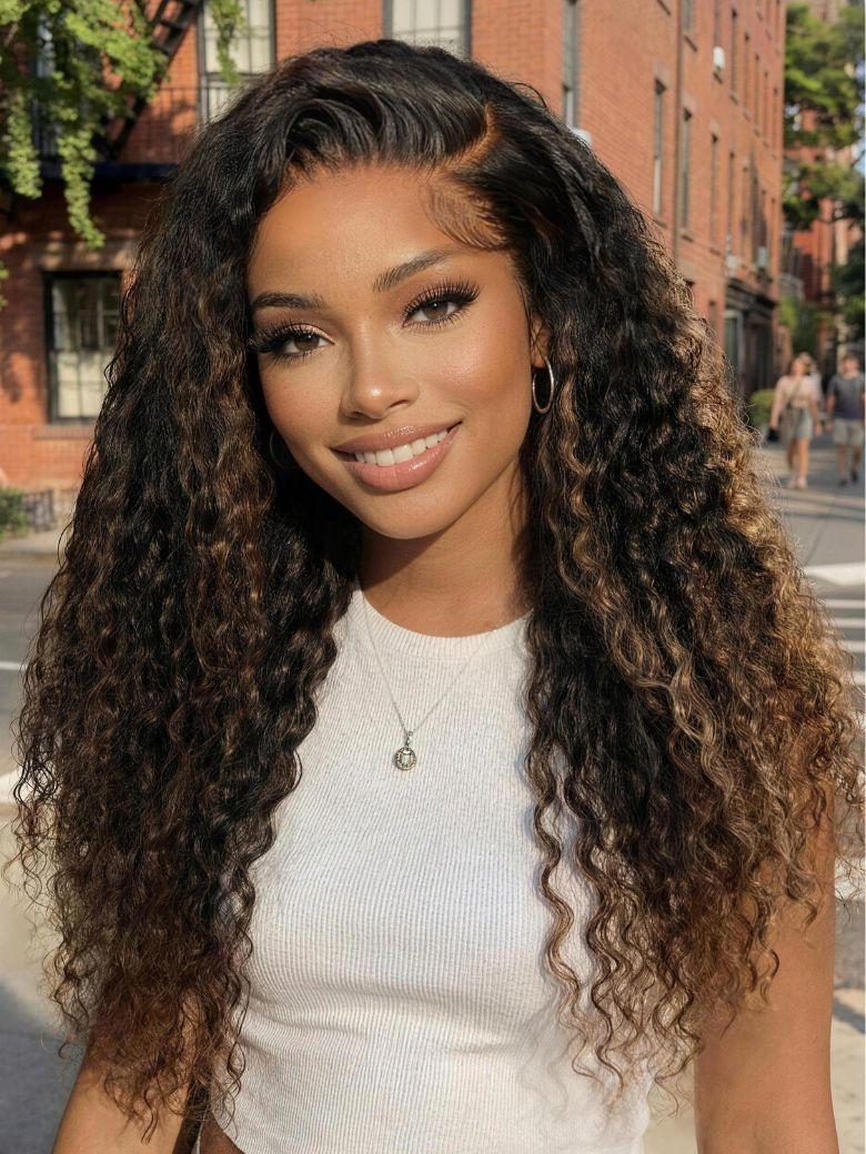UNice 7x5 Bye Bye Slip™ Glueless Lace Black to Chestnut Brown Ombre Bouncy Water Wave Curly Wig with Invisi Drawstring