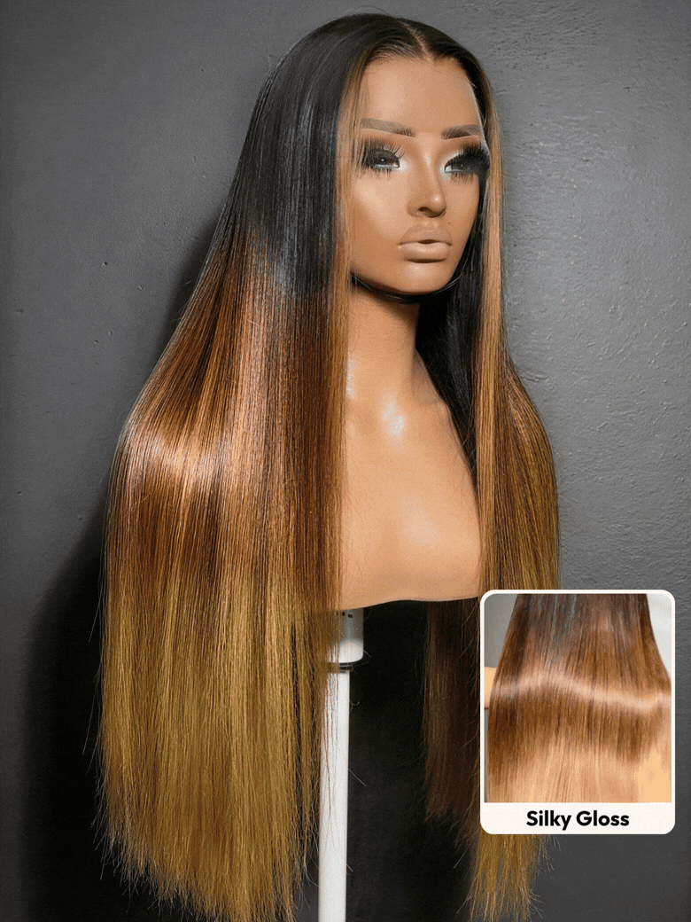 UNice 360 HD Lace Pre-plucked Luxury Raw Virgin Hair Brown to Honey Blonde Ombre Silky Straight Wig with Dark Roots