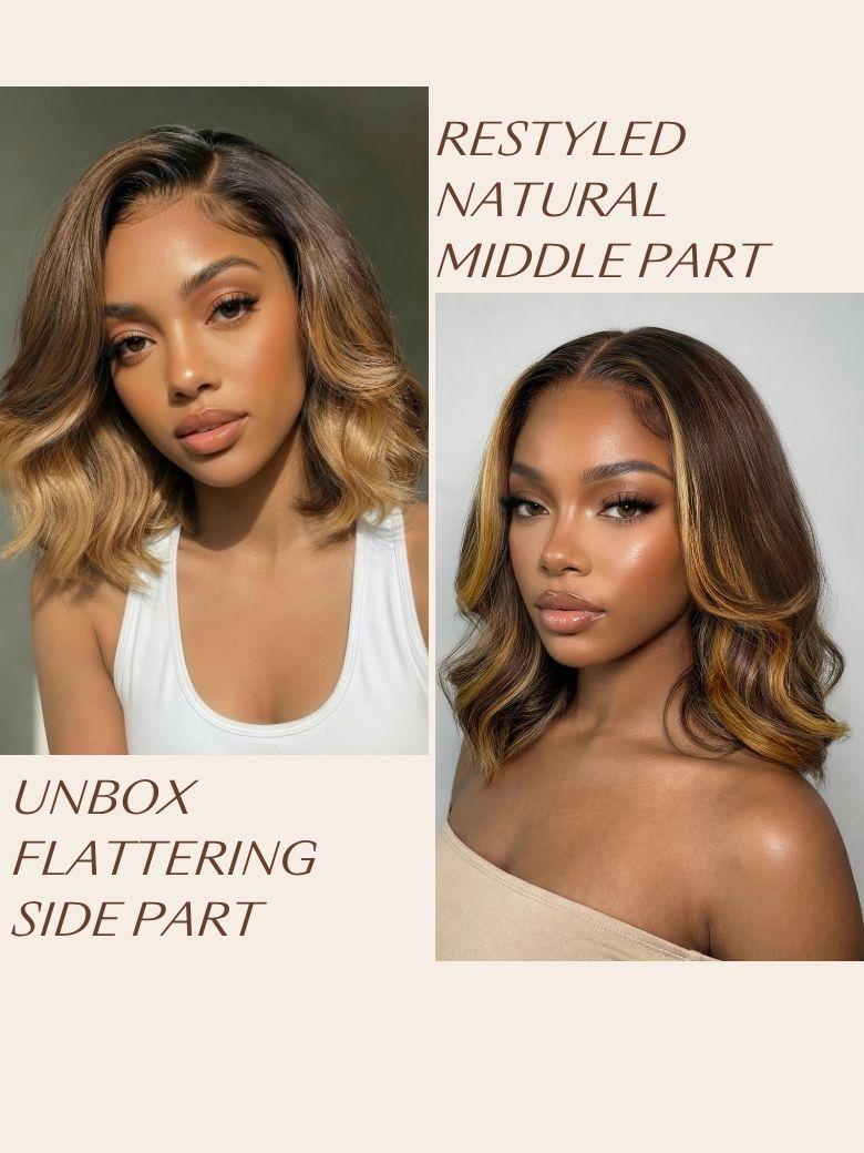 UNice 13x4 Pre-Everything™ Lace Frontal Brown With Honey Blonde Face-Framing Highlights Wavy Bob Drawstring Wig