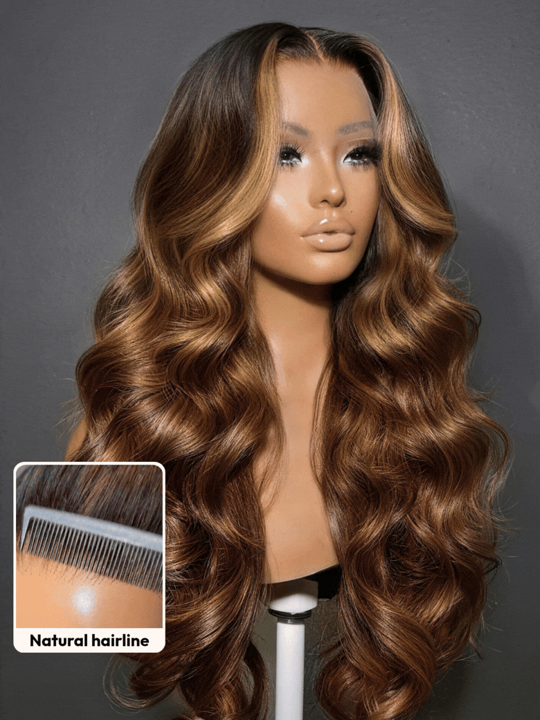 UNice 360 HD Lace Pre-plucked Luxury Raw Virgin Hair Caramel Brown With Money Piece Highlights Body Wave Wig