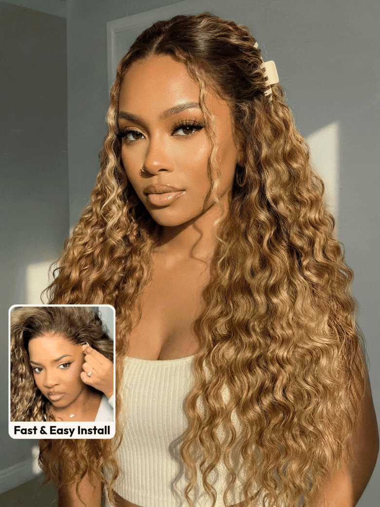 13x4 Bye Bye Slip™ Lace Frontal  Bronde Color With Honey Blonde Highlights Water Wave Glueless Drawstring Wig