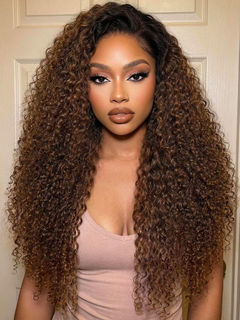 UNice 7x5 Bye Bye Slip™ Lace Warm Caramel Brown with Dark Roots Natural Afro Curly Wig with Invisi Drawstring