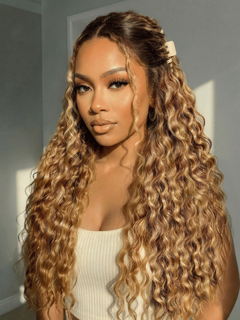 13x4 Bye Bye Slip™ Lace Frontal Caramel Brown With Honey Blonde Highlights Water Wave Glueless Drawstring Wig