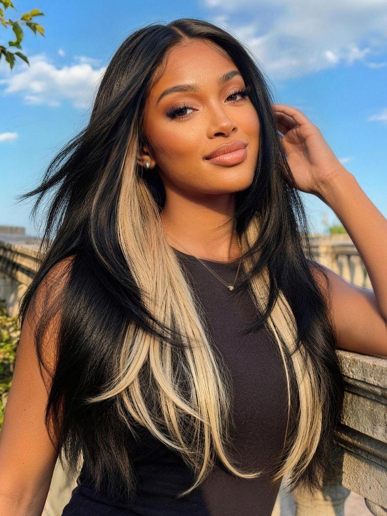 UNice Bye-Bye Slip™ 7x5 Lace Black with Blonde Peekaboo Highlights Layered Straight Wigs with Invisi Drawstring 150% Density