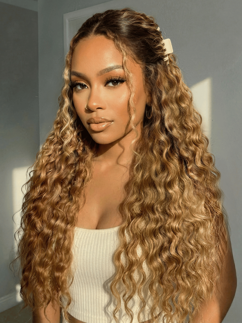 13x4 Bye Bye Slip™ Lace Frontal  Bronde Color With Honey Blonde Highlights Water Wave Glueless Drawstring Wig