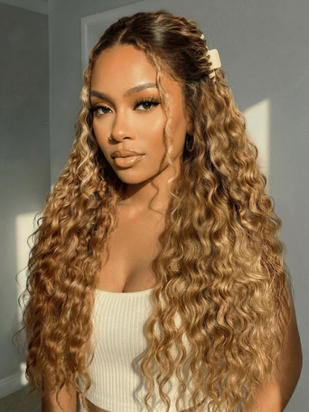 13x4 Bye Bye Slip™ Lace Frontal Bronde Color With Honey Blonde Highlights Water Wave Glueless Drawstring Wig