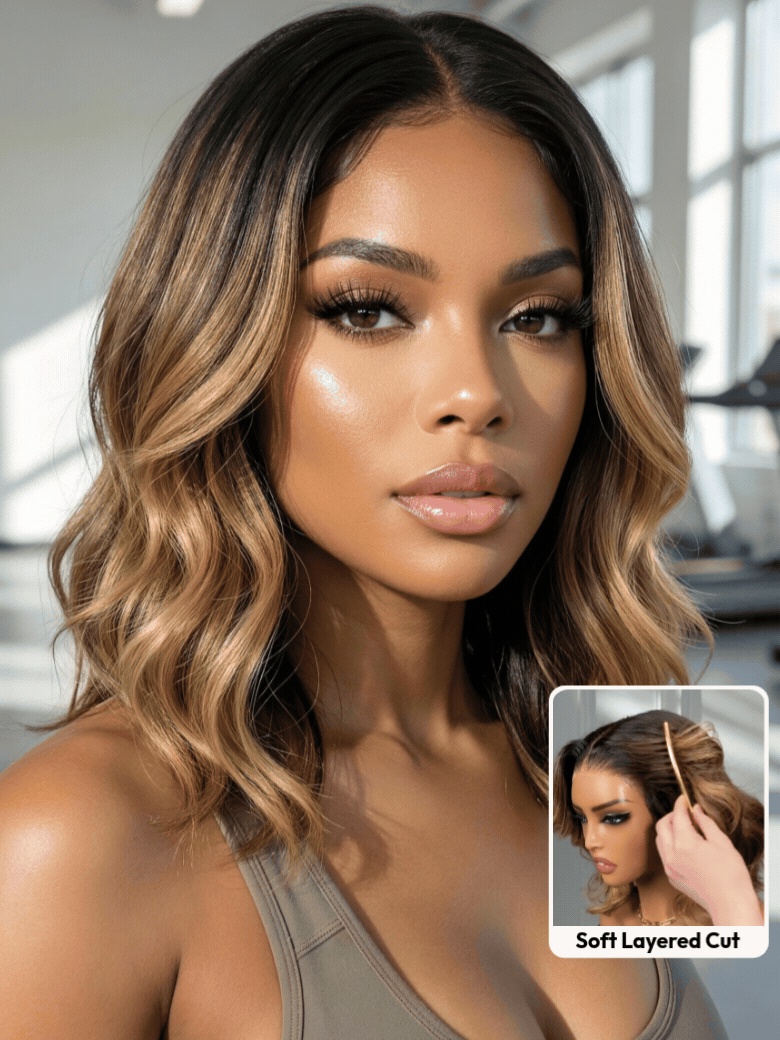 UNice 13x4 Pre-Everything™ Lace Frontal Brown With Honey Blonde Face-Framing Highlights Wavy Bob Drawstring Wig