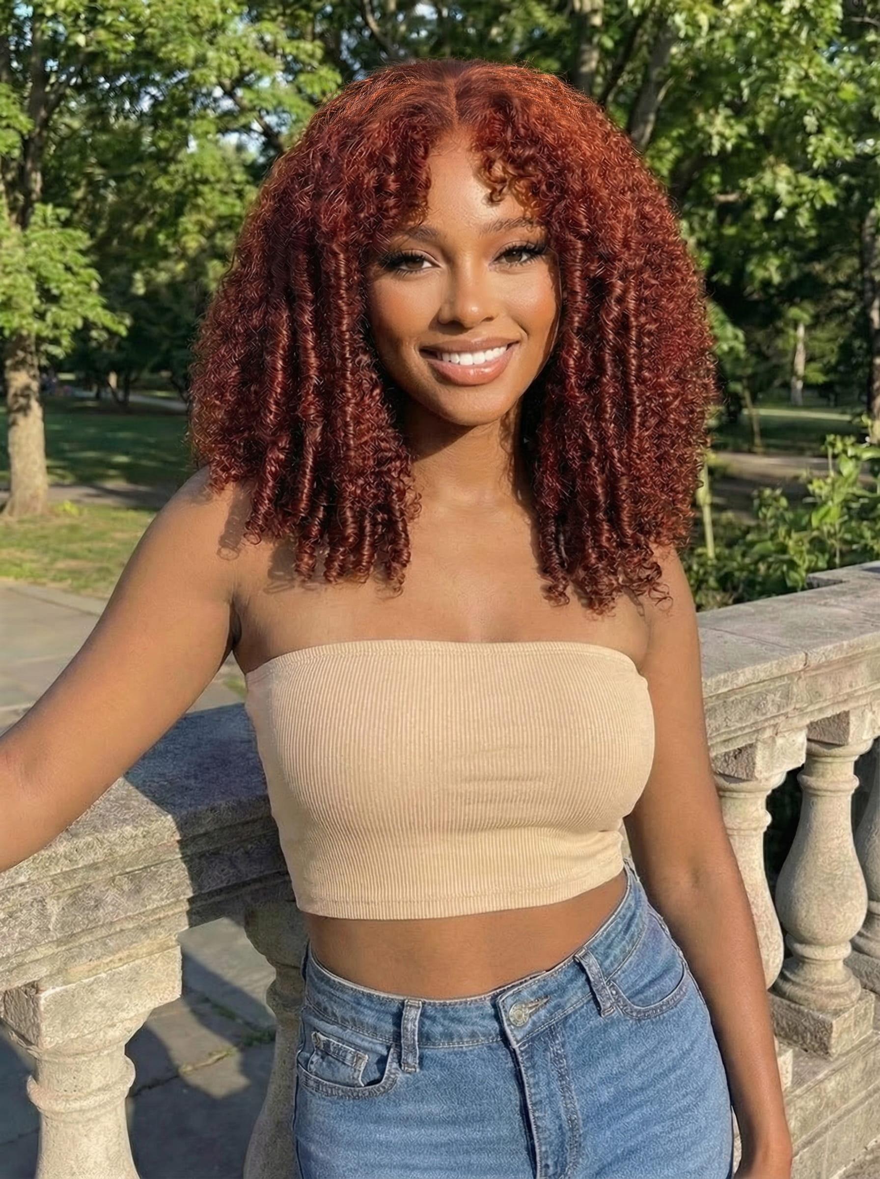 [Today $89] 7x5 Bye-Bye Knots™ Wig Glueless Lace Sunset Reddish Brown Jerry Curly/ Afro Kinky Curly Drawstring Wig & Yaki Straight Wig