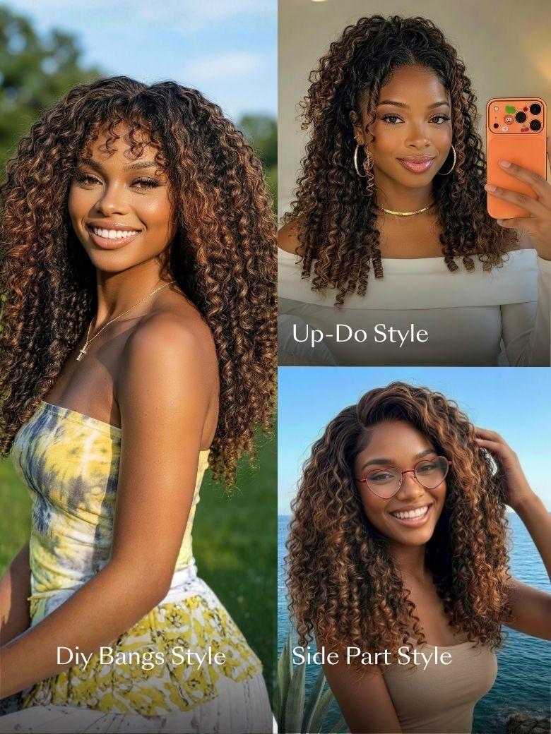 7x5 Bye Bye Slip™ Glueless Lace Black to Chestnut Brown Ombre Burmese Curly With Finger Coil Ends Wig-Put On & Go With Invisi Drawstring