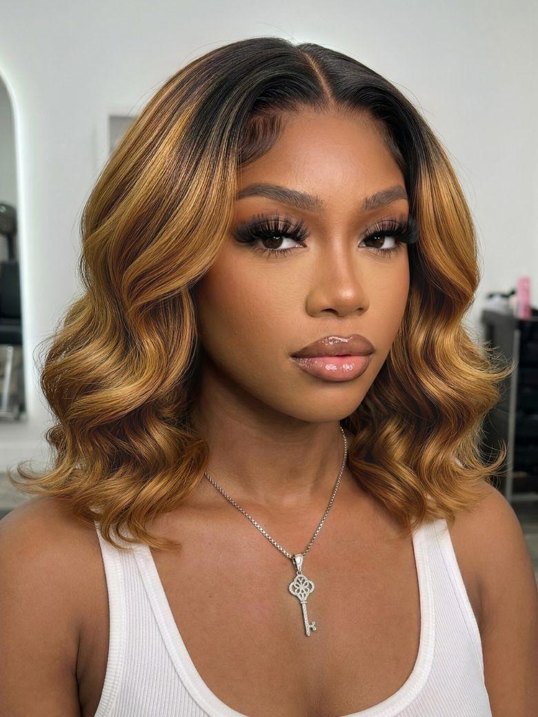 UNice 7x5 Bye Bye Slip™ Lace Brown With Blonde Piano Highlights Blowout Bob Wig with Dark Roots