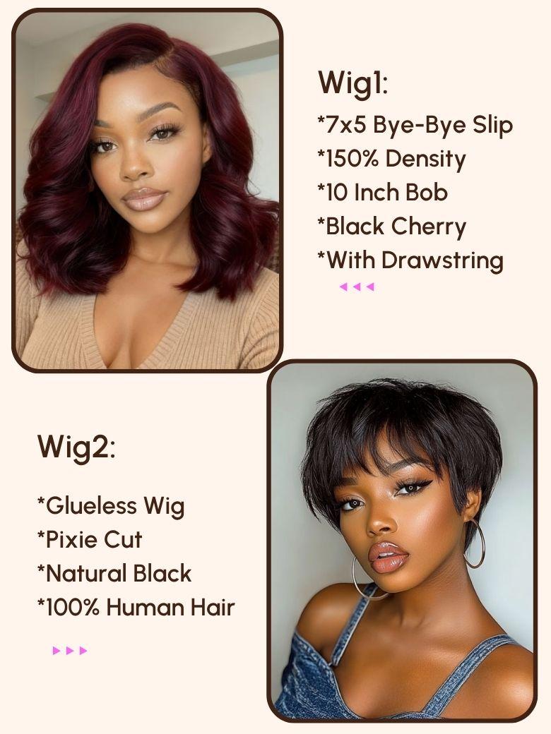 $99=2 Wigs | 16" Lace Part Kinky Curly Wig and 10" Bob Wig with Bang